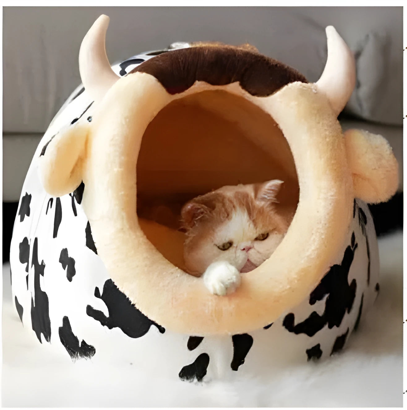 Cow colour suede S size cat house for indoor use, accommodating multiple cats