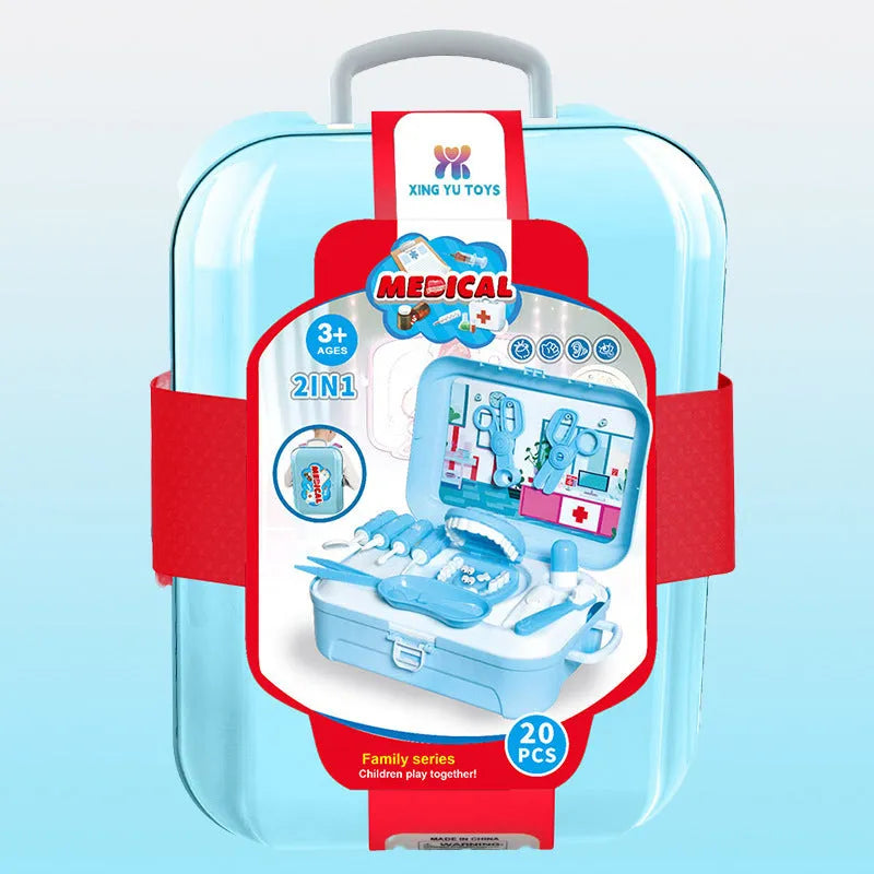 Sky blue plastic toy backpack storage box two-in-one children doctor play house set