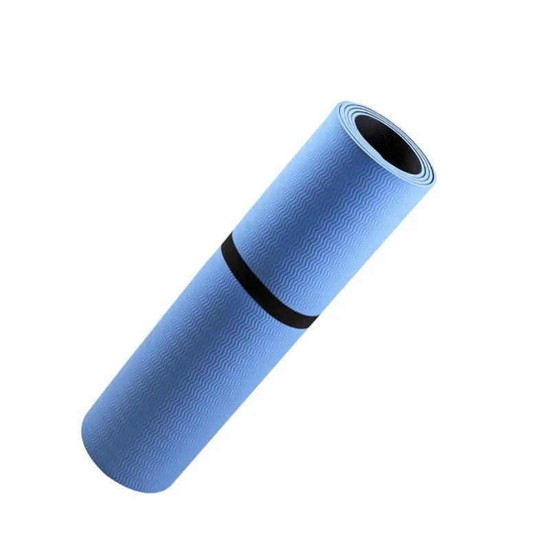 Blue conductive yoga mat with plant pattern and grounding wire, showing non-slip texture and 182cm length.