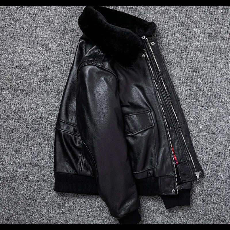 Pure first layer cowhide leather flight suit in black with slim fit, zipper front, and ribbed hem