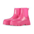 A pair of low tube, flat-heeled PVC rain boots in a solid colour.