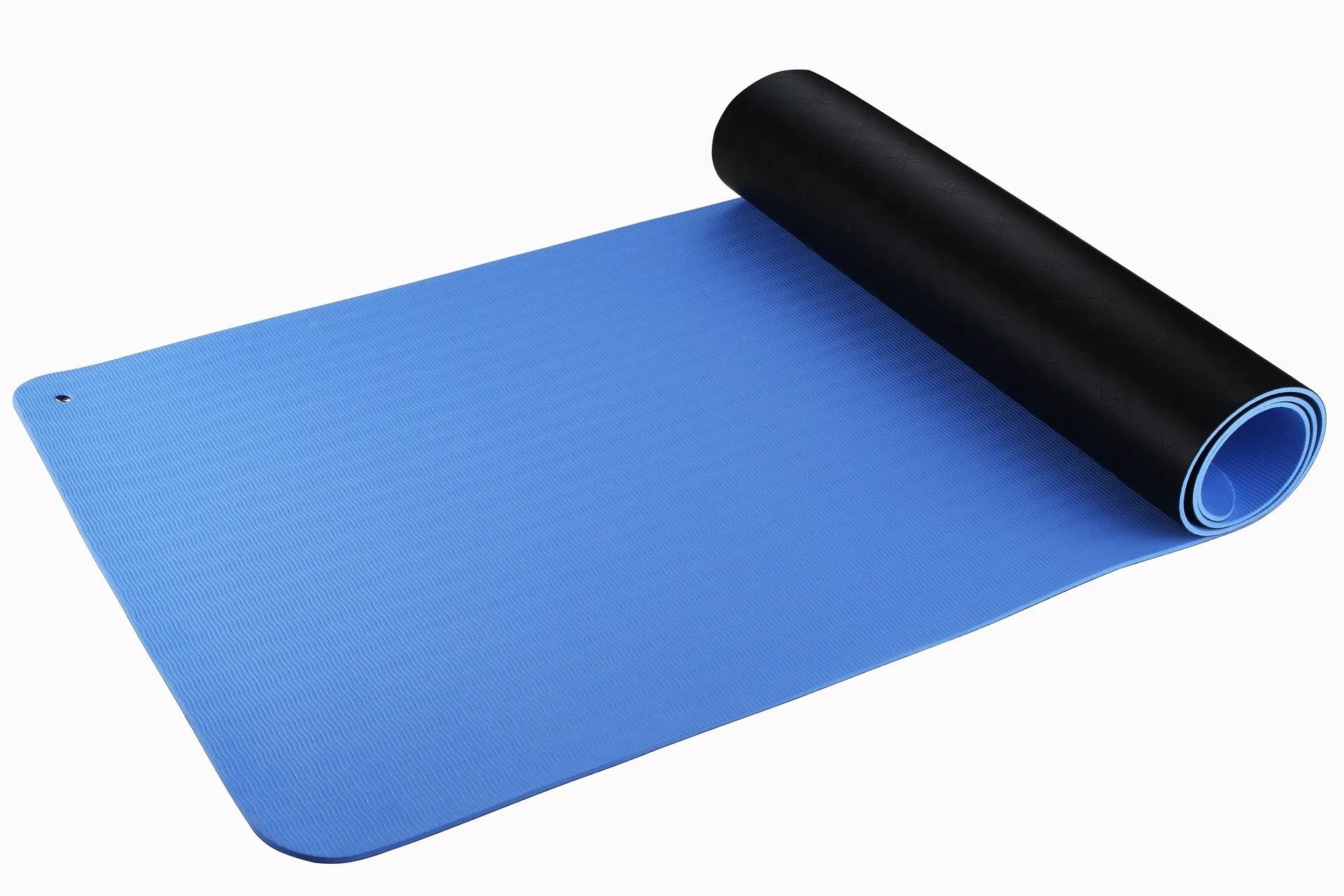 Blue conductive yoga mat with plant pattern and grounding wire, showing non-slip texture and 182cm length.
