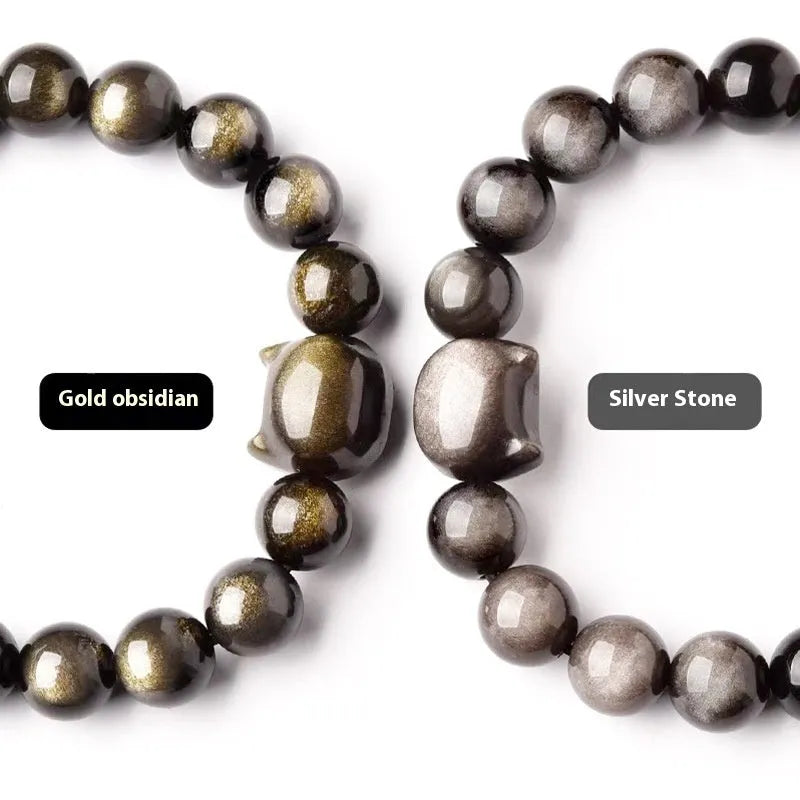 Obsidian cat head bracelet with natural stone beads and gold or silver style charm