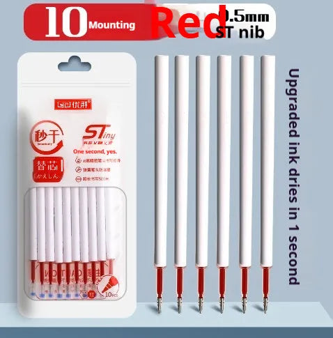 Ten-pack of quick-dry ballpoint pen refills in black, red, blue, and ink blue colours