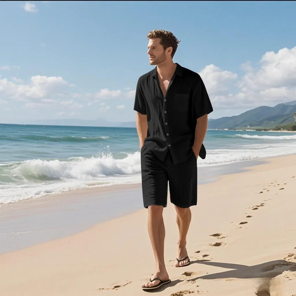 Men's linen short sleeve shirt and shorts beach suit set in a light blue colour.
