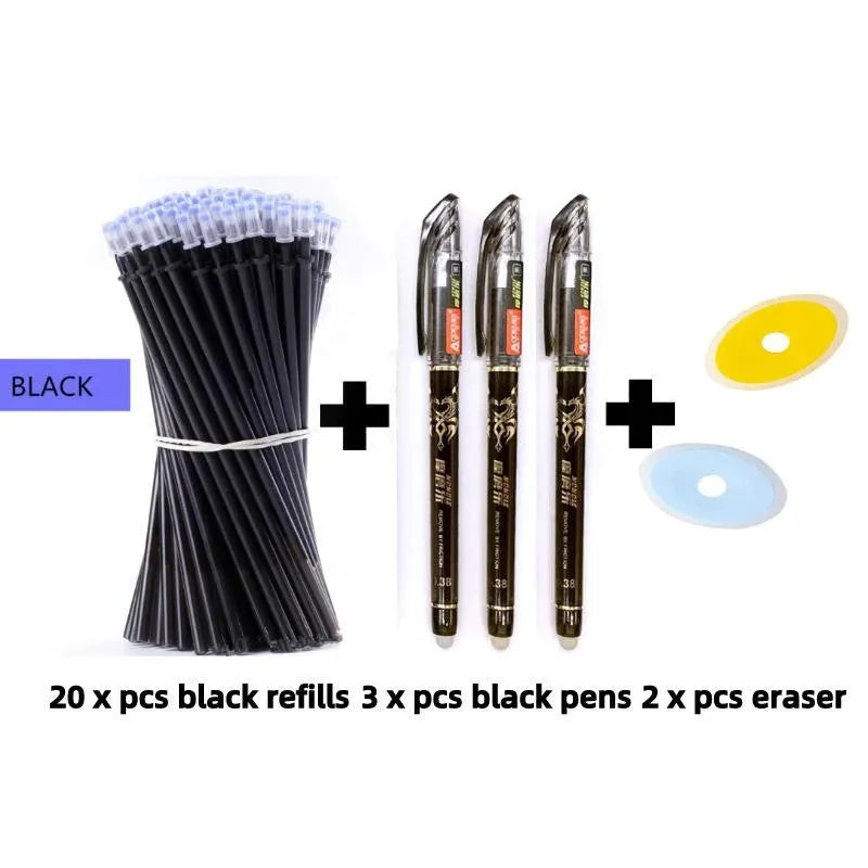 0.5mm erasable pen set with needle tip, refills and caps in black, blue and red colours