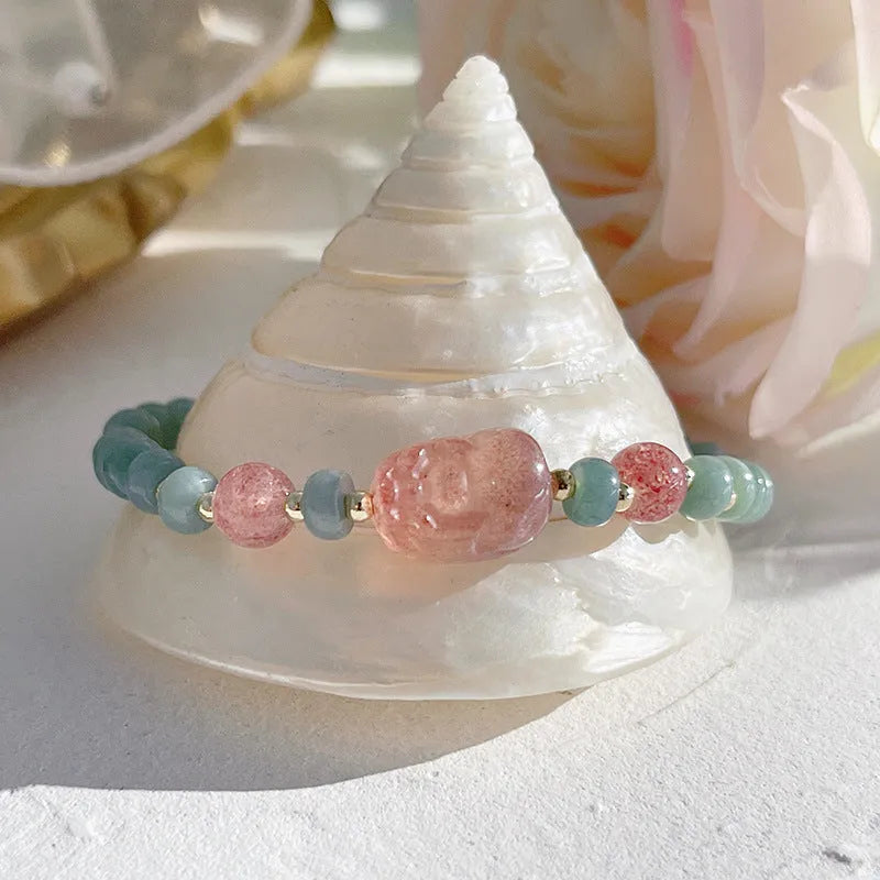 Women's simple ethnic style jade bracelet with Hetian jade gourd bead, peace buckle charm, and fu character pendant