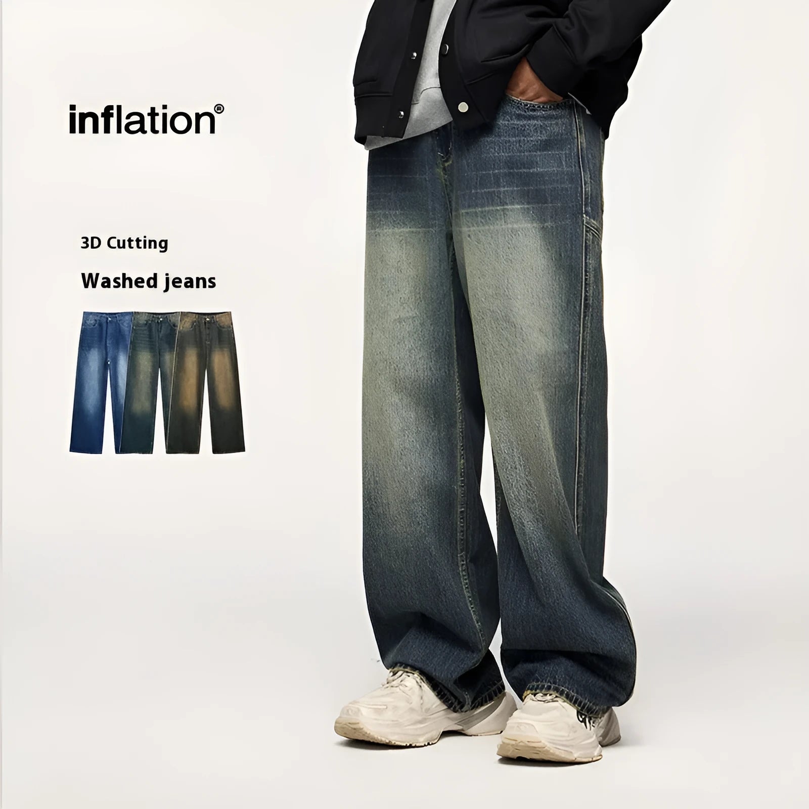 Man wearing washed blue wide leg straight-cut jeans with a mid waist and zipper fly.