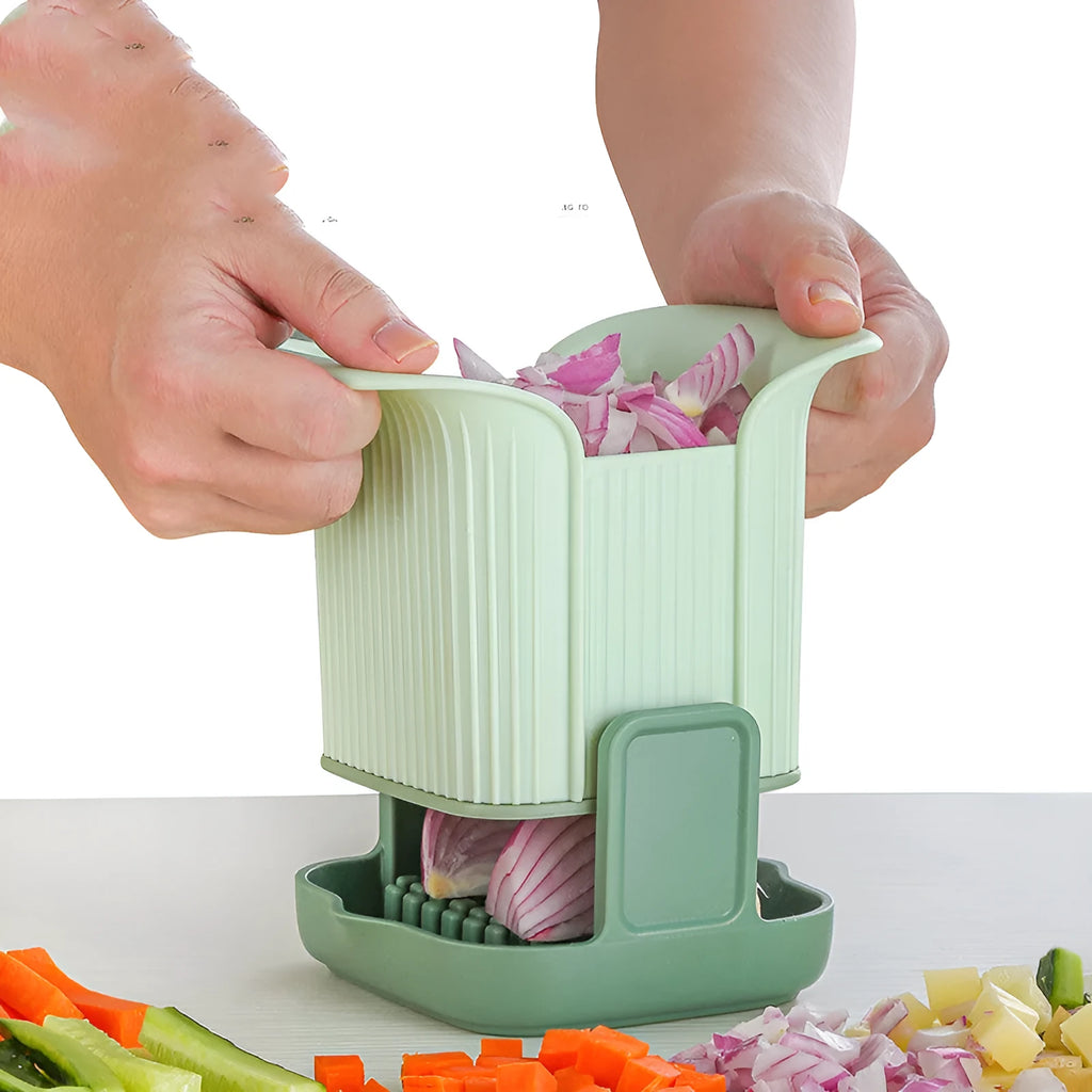 Green multifunctional vegetable chopper with French fries cutter and hand pressure operation