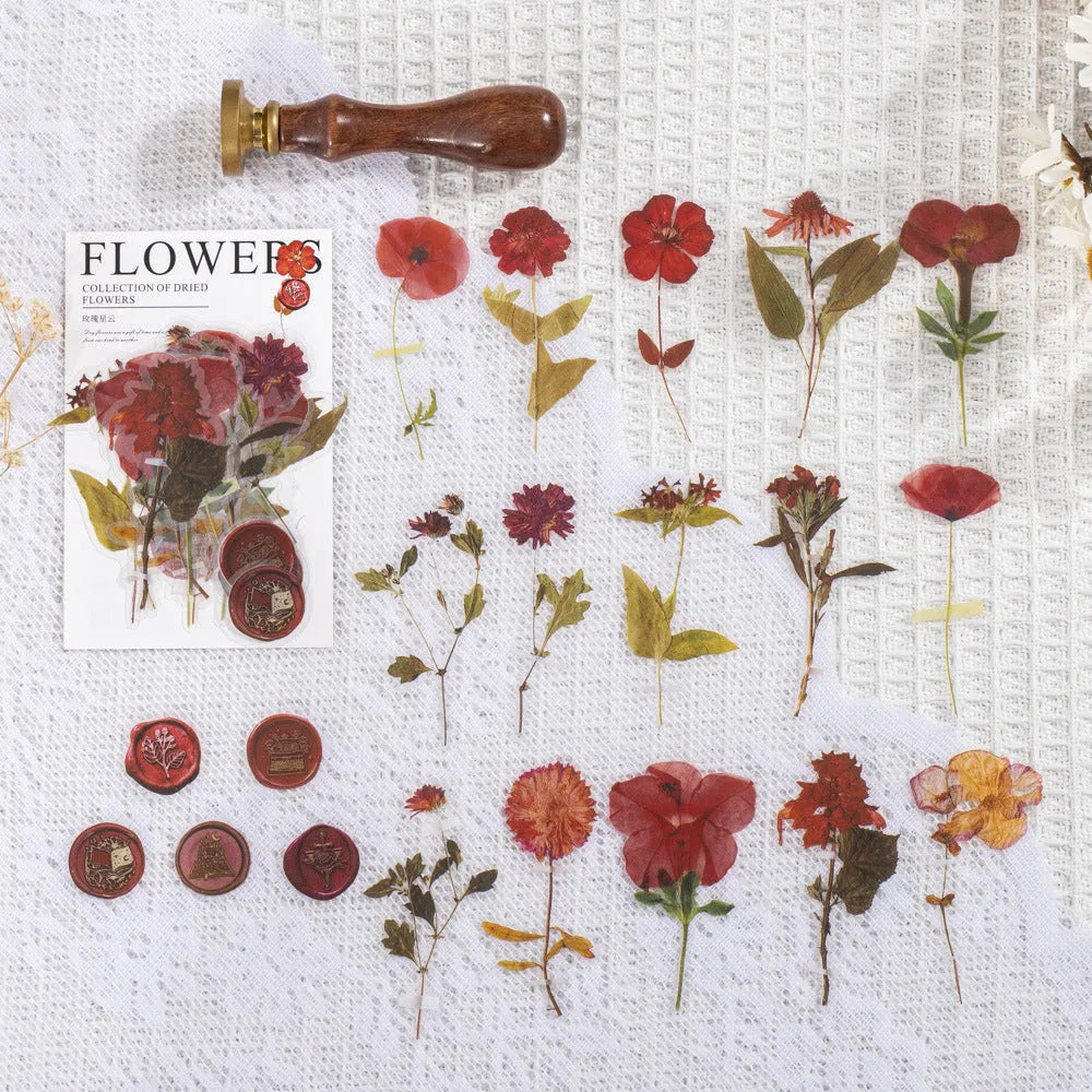 Dried flowers journal decoration sticker package with eight artistic themes on 70mm PET sheets