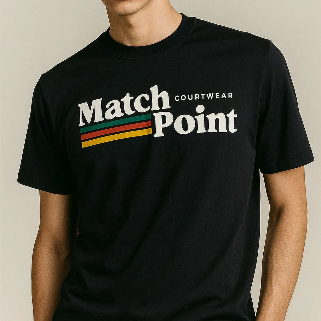 Black men's T-shirt with a 3D digital printed pattern, showing round neck and short sleeves.