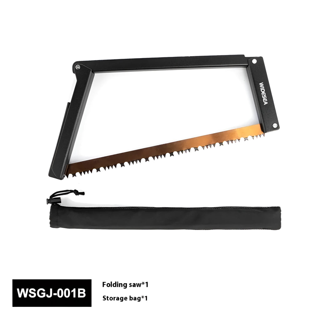 Black foldable outdoor saw with aluminium and nylon handle, blade extended.