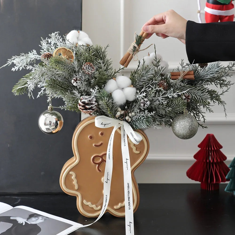Hand-painted glazed ceramic gingerbread man vase with modern simplicity Christmas decor