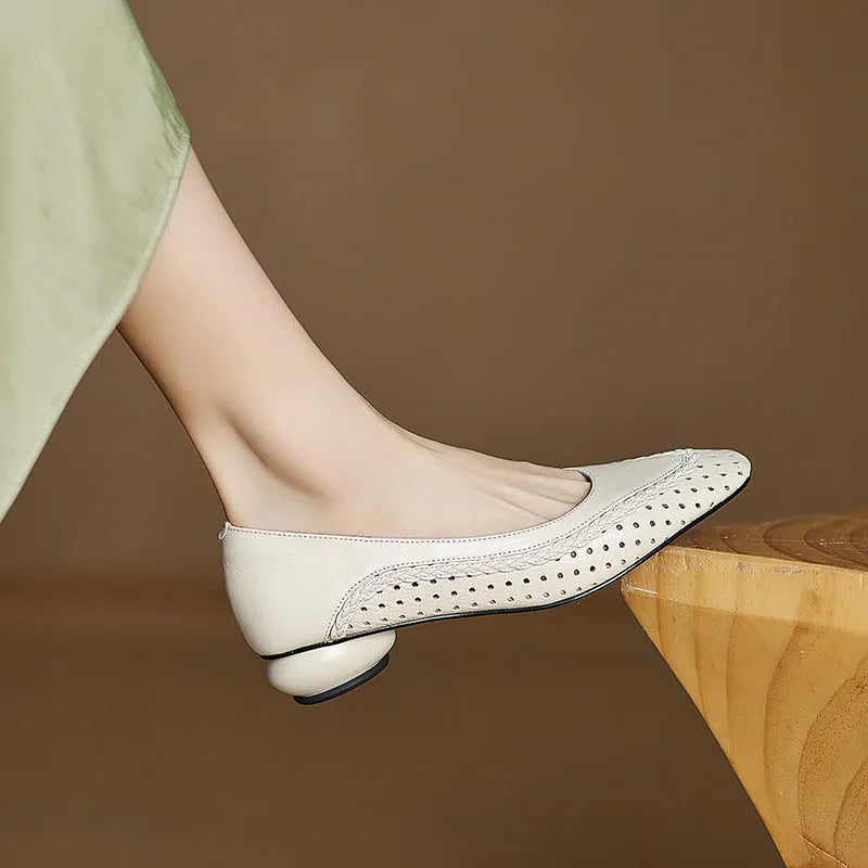 Women's light blue hollow-out mid heel sandals with round toe and sheepskin upper