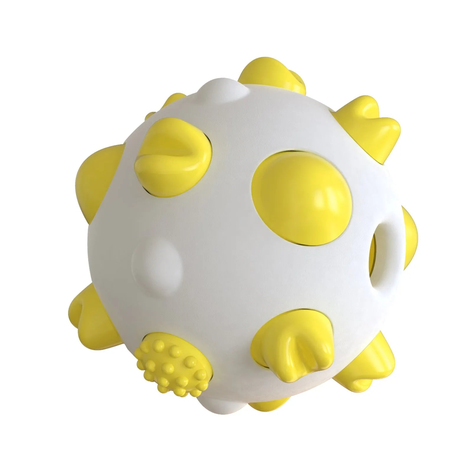 Blue dog teething chew ball with textured bumps and hollow treat compartment.