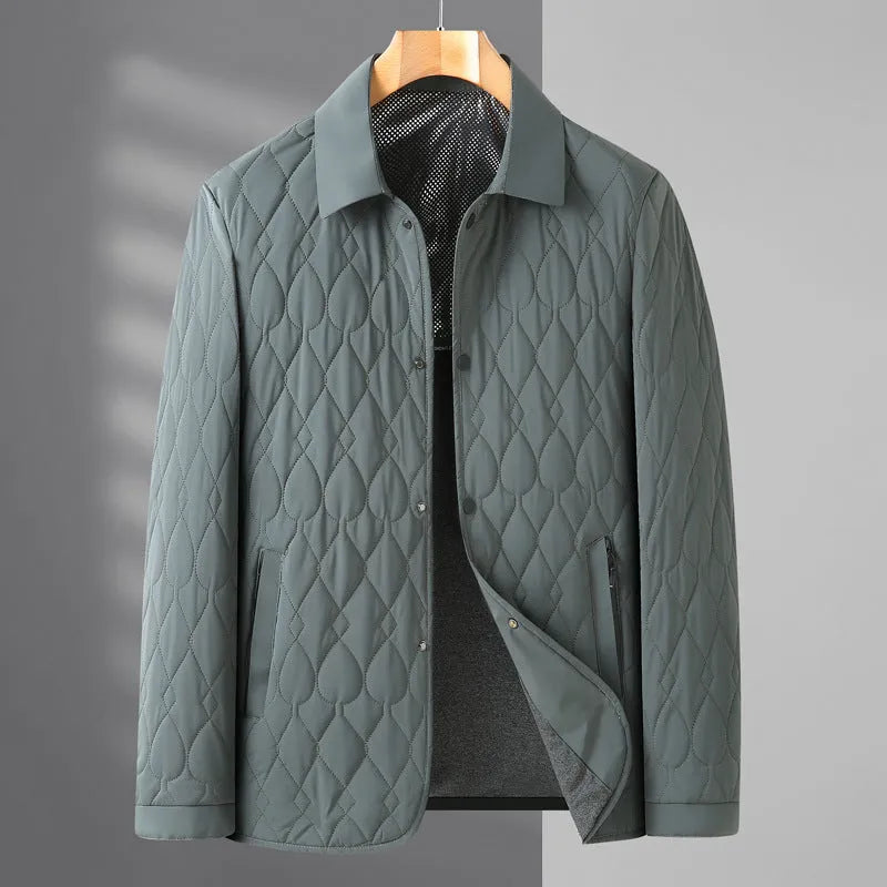 Men's lightweight diamond lattice cotton-padded jacket in black, front view, regular fit, polyester fabric, autumn winter business casual coat