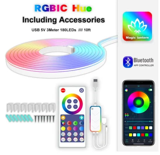 3 metre long RGB magic colour neon light strip with remote control for Bluetooth and Wi-Fi adjustment