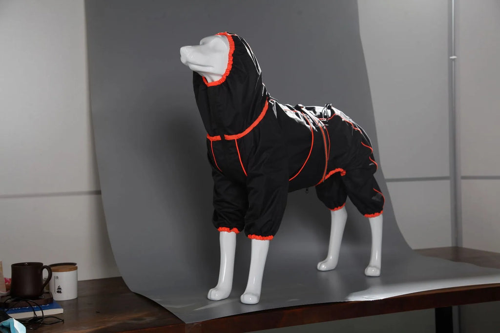Red polyester dog shell jacket with cotton-padded insulation on a medium-sized dog outdoors