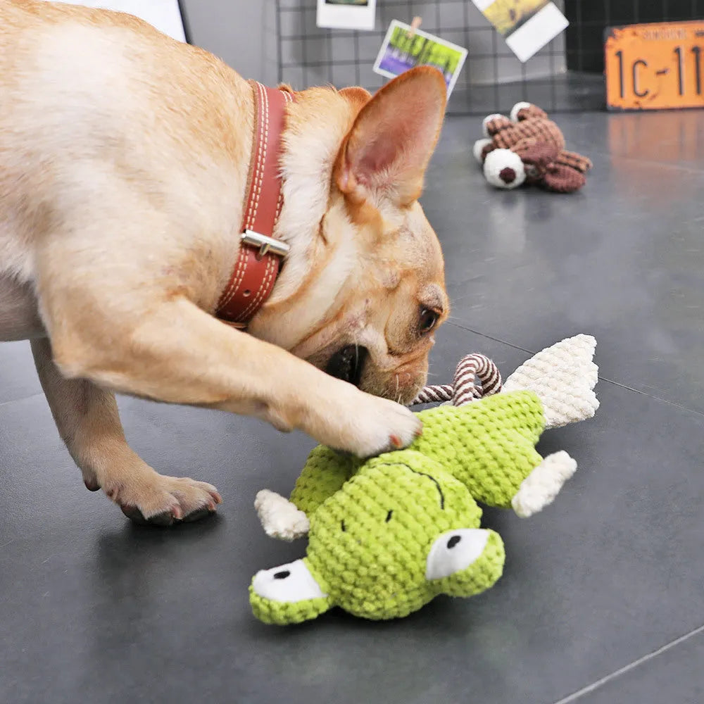 Bite-resistant pet vocal toy plush with squeaker in corduroy and cotton rope, available in Crooked Neck, Fawn, and Frog colours