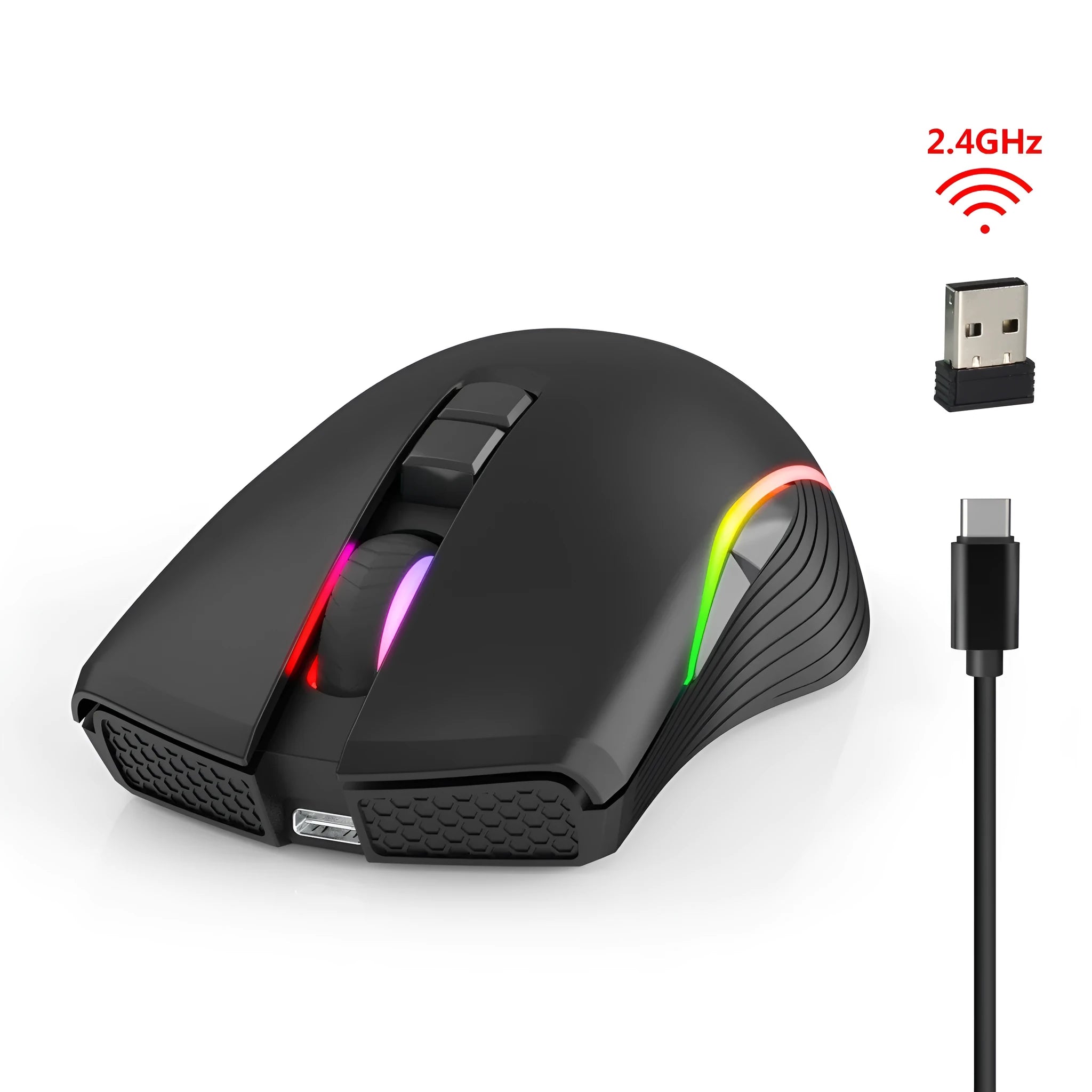 HXSJ black 2.4G wireless mouse with TYPE-C charging port and RGB lighting