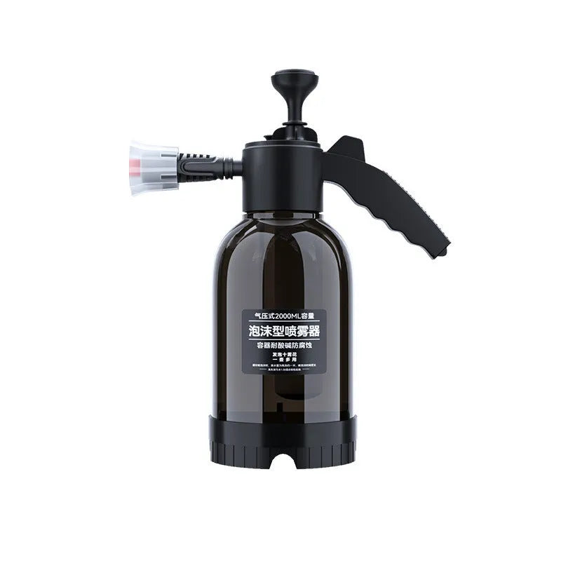 Black hand-held 2-litre foam sprayer with pump handle and two nozzles for car washing and gardening