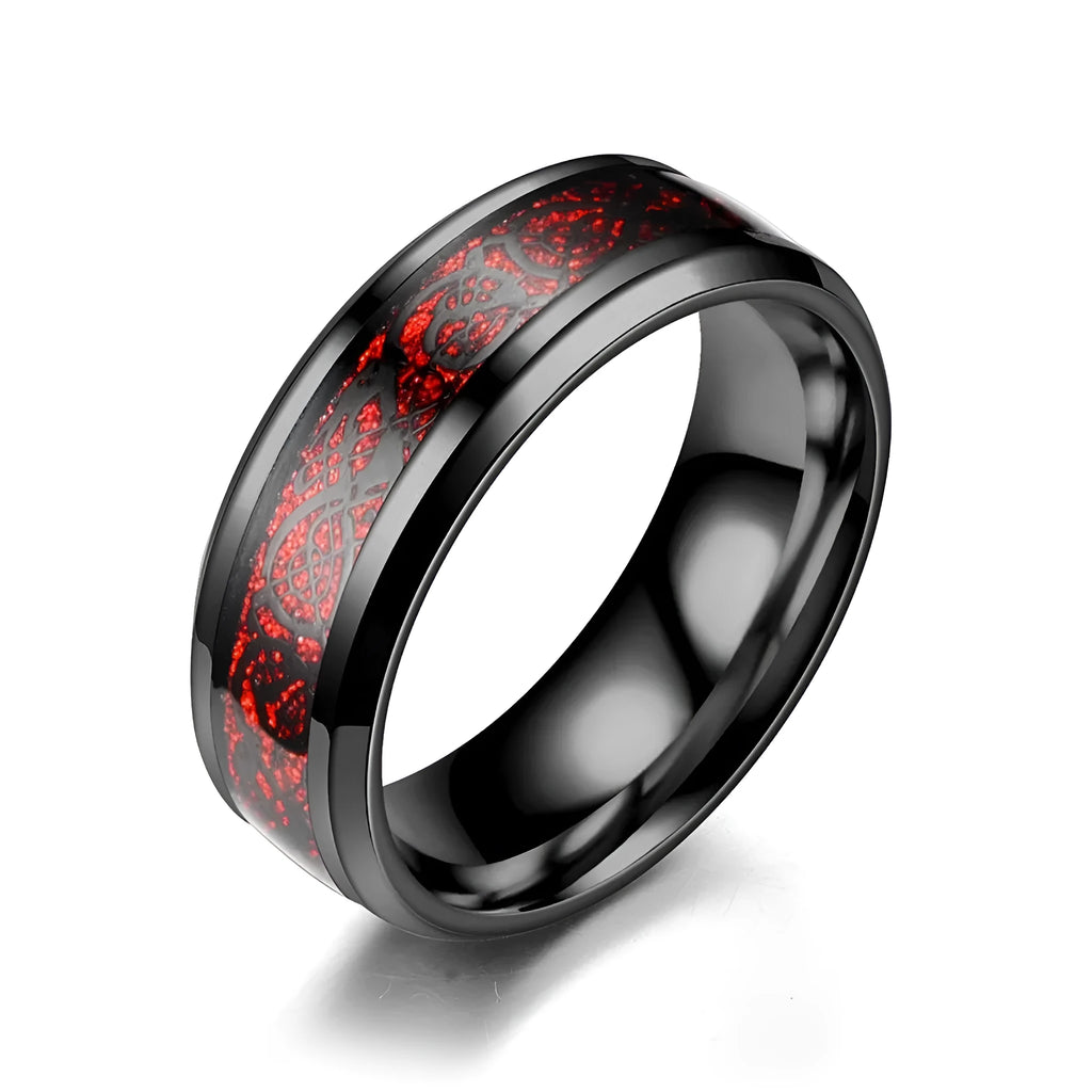 Two stainless steel rings with dragon pattern in blue and purple finish