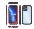 FREDPEPPER IP68 waterproof shockproof case for iPhone in black, blue, and red colours.