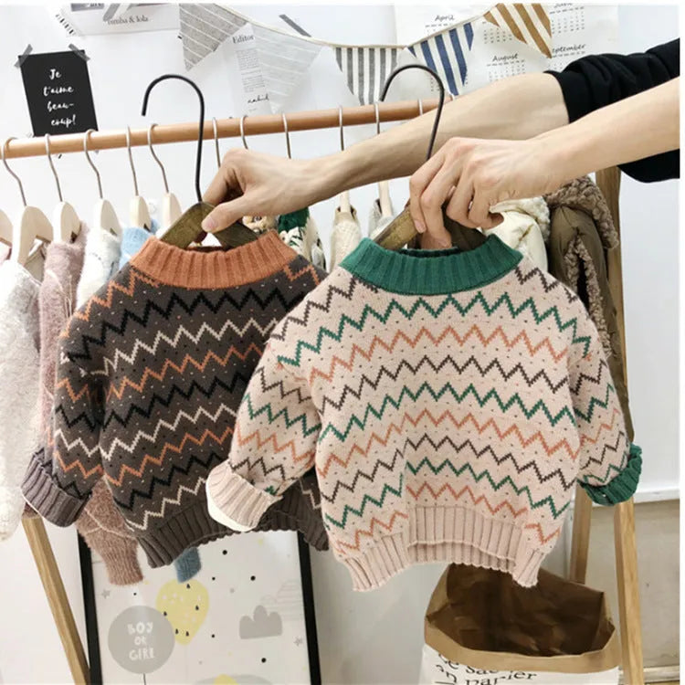 Korean-style children's woollen sweater with long sleeves in brown and apricot colour options