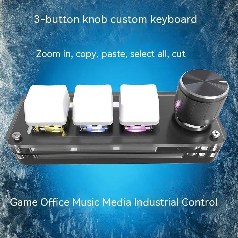 Black mechanical mini keyboard with RGB backlit copy and paste keys measuring 15cm wide