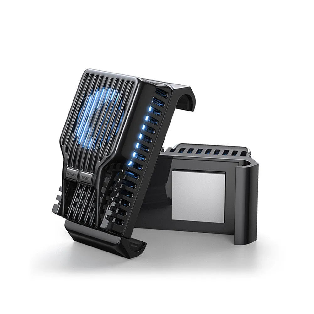 Black mobile phone radiator with clip for 4-7 inch devices showing aluminium cooling fins