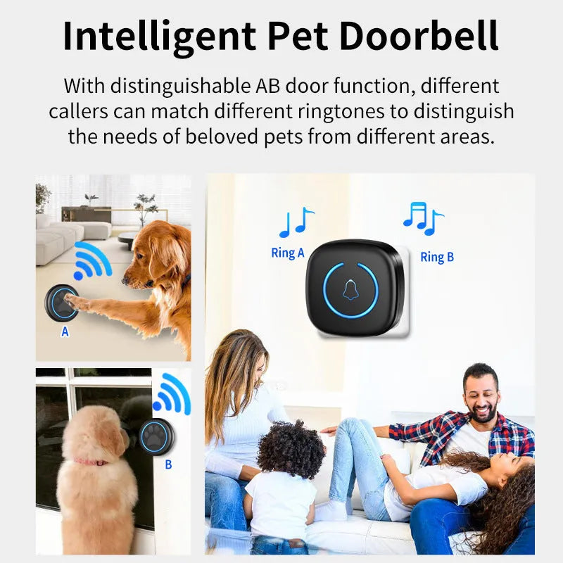 Black and white wireless pet training doorbell with waterproof touch button and receiver unit