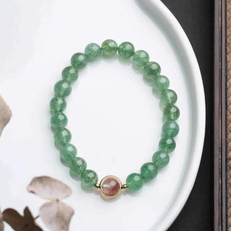 Green strawberry quartz single circle ball bracelet with 7.5mm beads and hand-woven construction