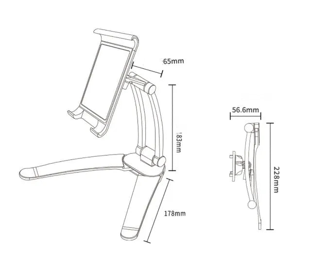 Silver aluminium alloy tablet stand with adjustable black clips holding a tablet, showing 360-degree rotation on a wooden desk.