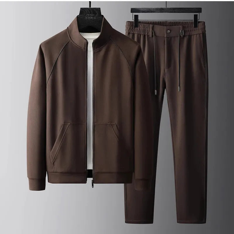 Stand collar casual sports suit set in Vinylon fabric, showing coat and trousers in slim Asian fit.