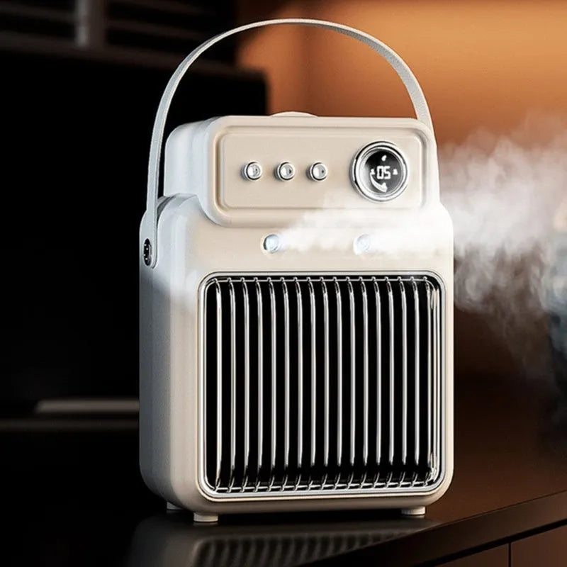 White portable table heater with humidifier function and digital control panel.