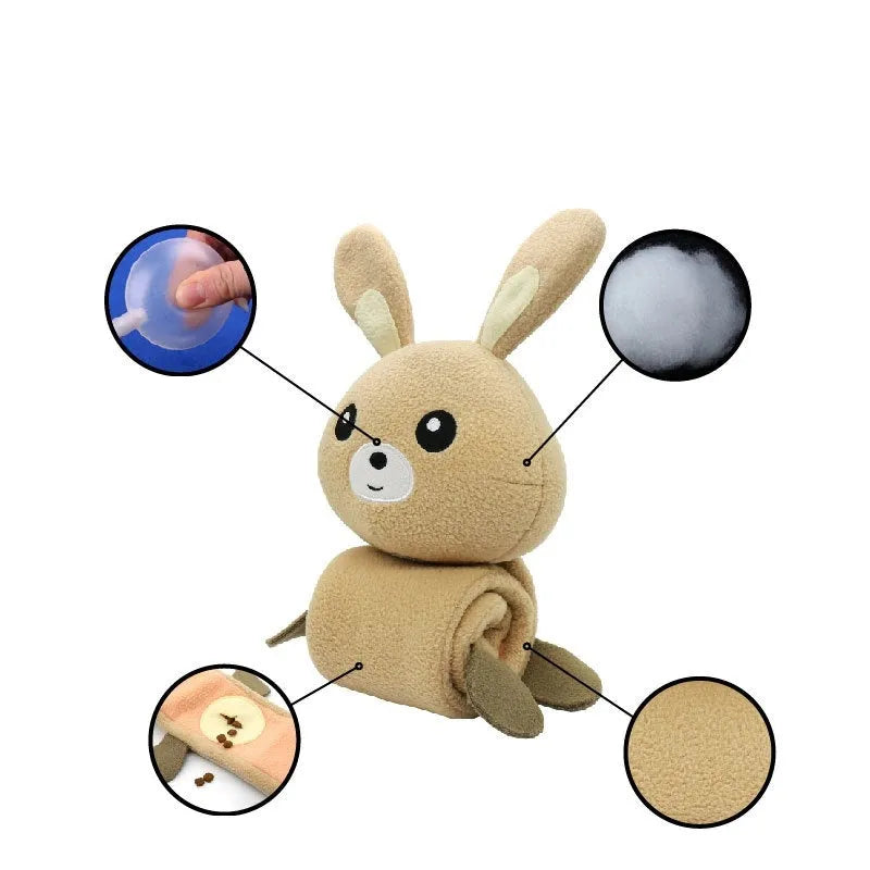 Plush dog sniff toy with poached bunny design showing food hiding compartments and sound-making features