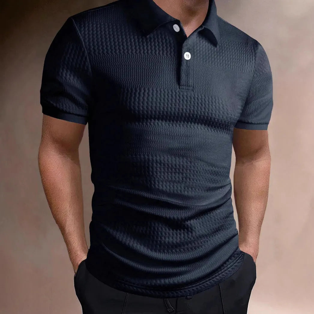 Men's striped loose fit polo shirt in light blue with asymmetric detail and short sleeves