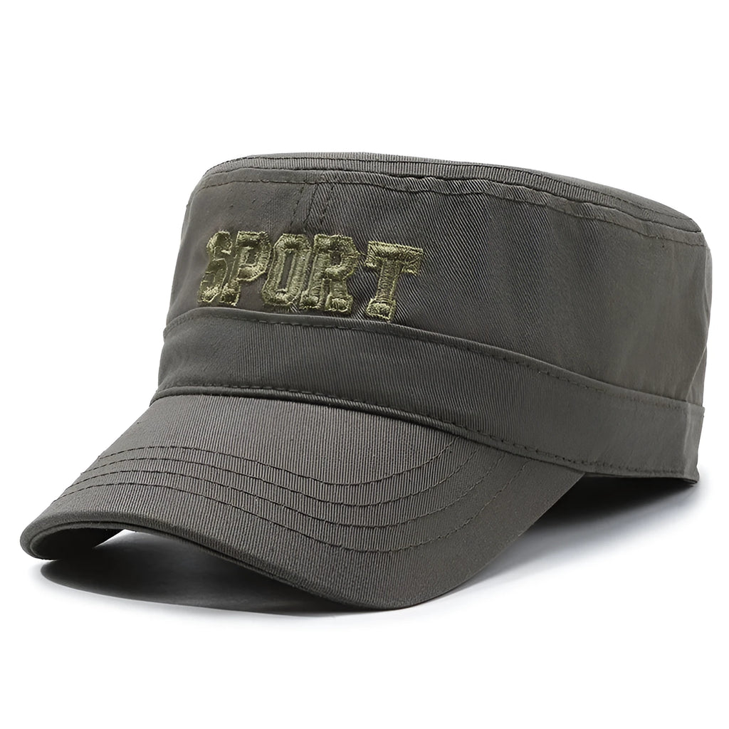 Men's flat-top peaked cotton cap in army green with an adjustable strap and English letter detail on the front.