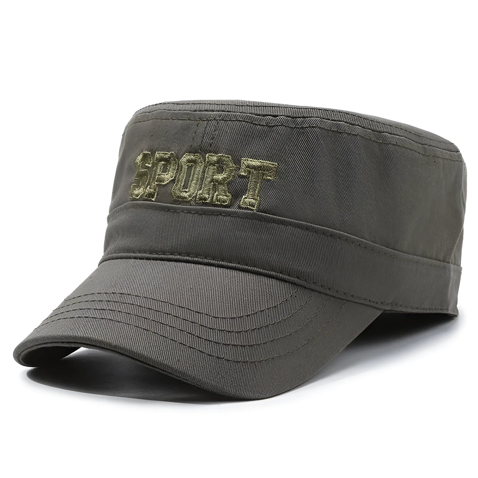 Men's flat-top peaked cotton cap in army green with an adjustable strap and English letter detail on the front.