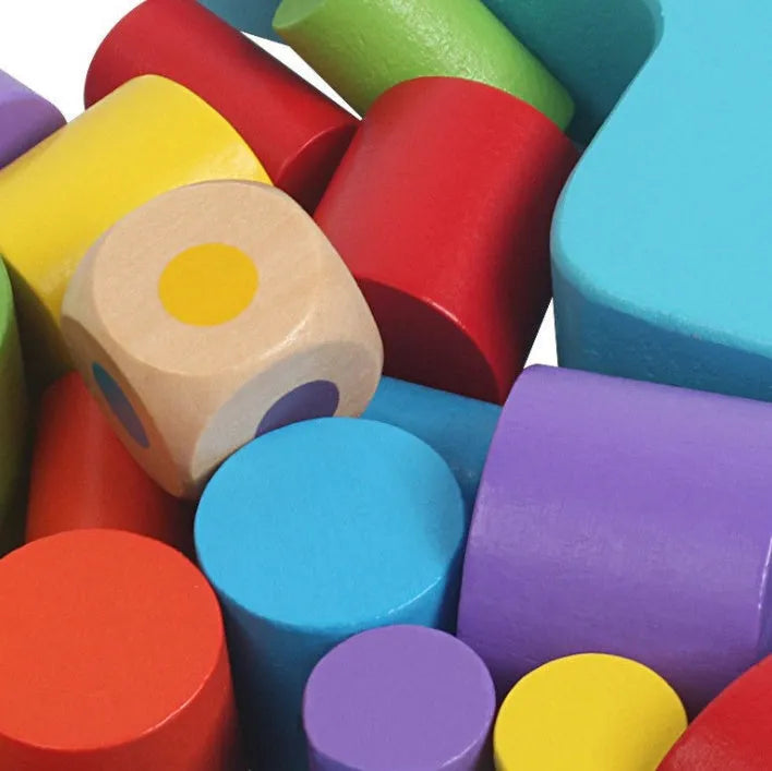 Wooden moon balance game with yellow and blue blocks for toddlers aged 2-4