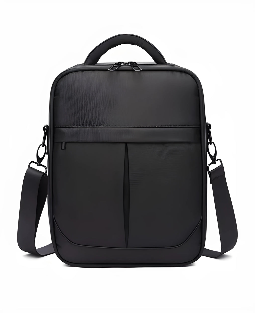 Black Oxford fabric men's messenger bag showing shoulder strap and 24x11x31cm dimensions