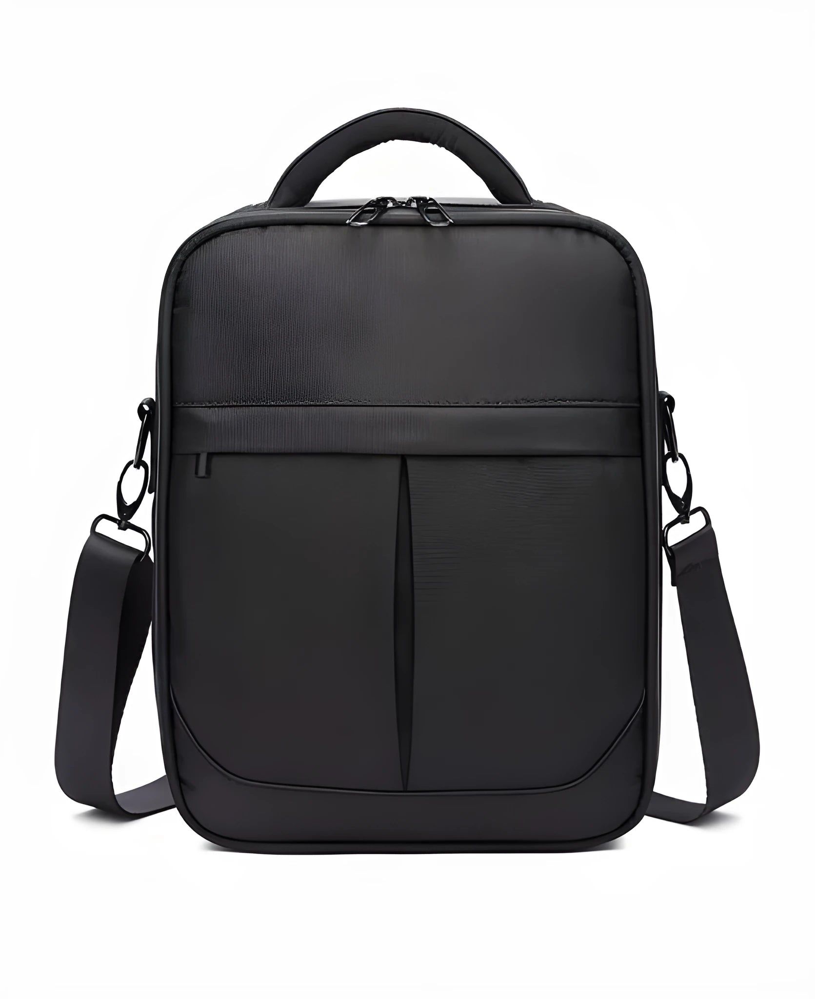 Black Oxford fabric men's messenger bag showing shoulder strap and 24x11x31cm dimensions