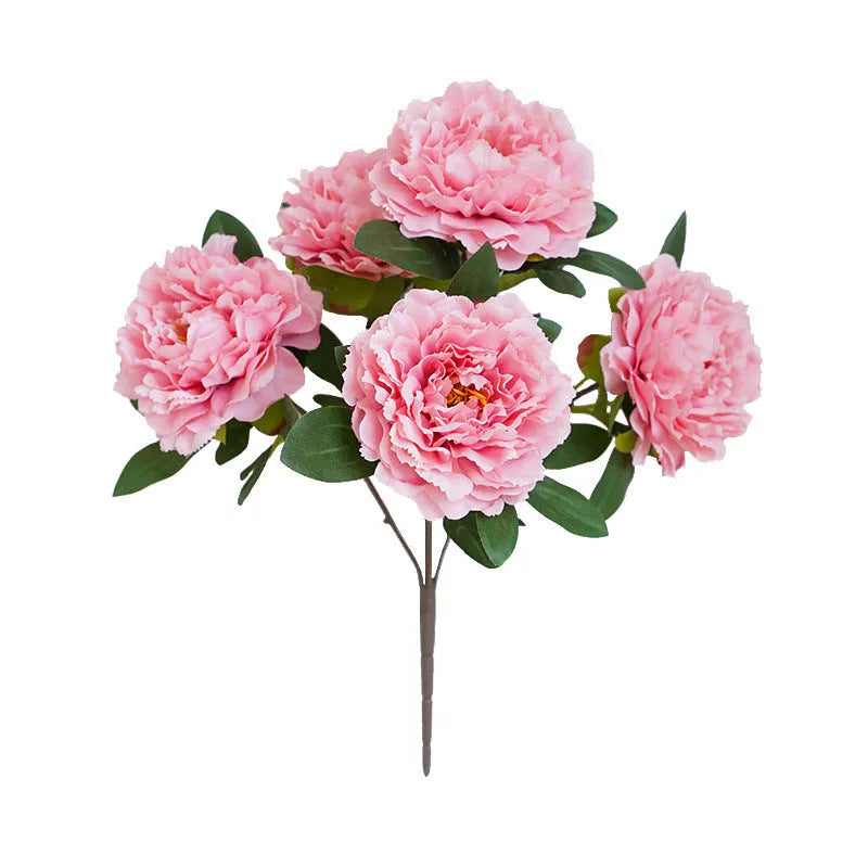 Artificial peony 5-head bouquet in light champagne, 40cm tall silk flower arrangement