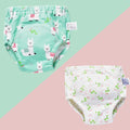 Baby training learning pants in cotton gauze with TPU waterproof layer, shown in panda print on white background
