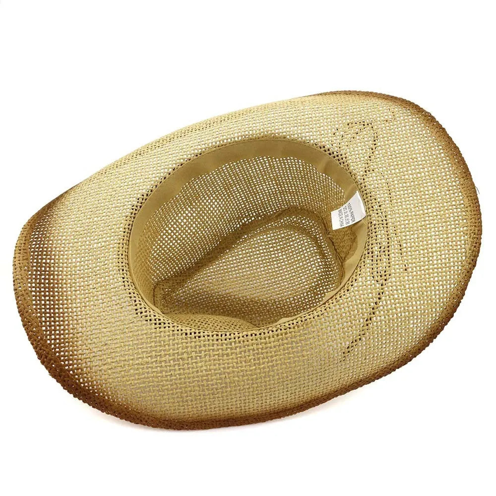 Paper straw cowboy beach hat with bell crown in khaki colour on neutral background