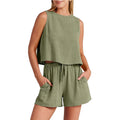 Women's summer sleeveless top and drawstring shorts 2-piece set in rayon-linen blend