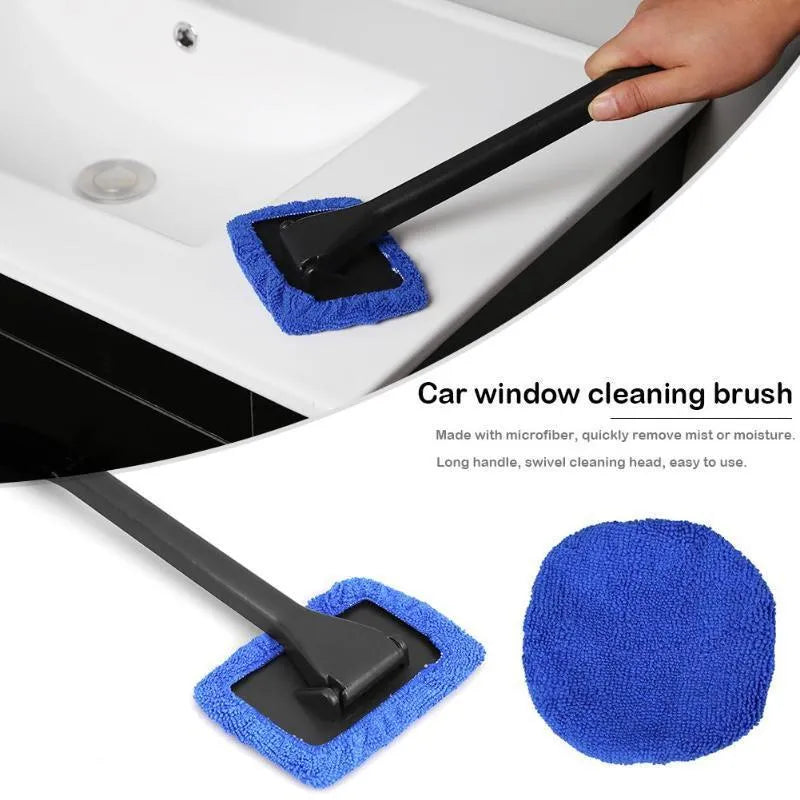 Car window pivoting microfiber cleaner with telescopic pole and PP handle in dark blue and green