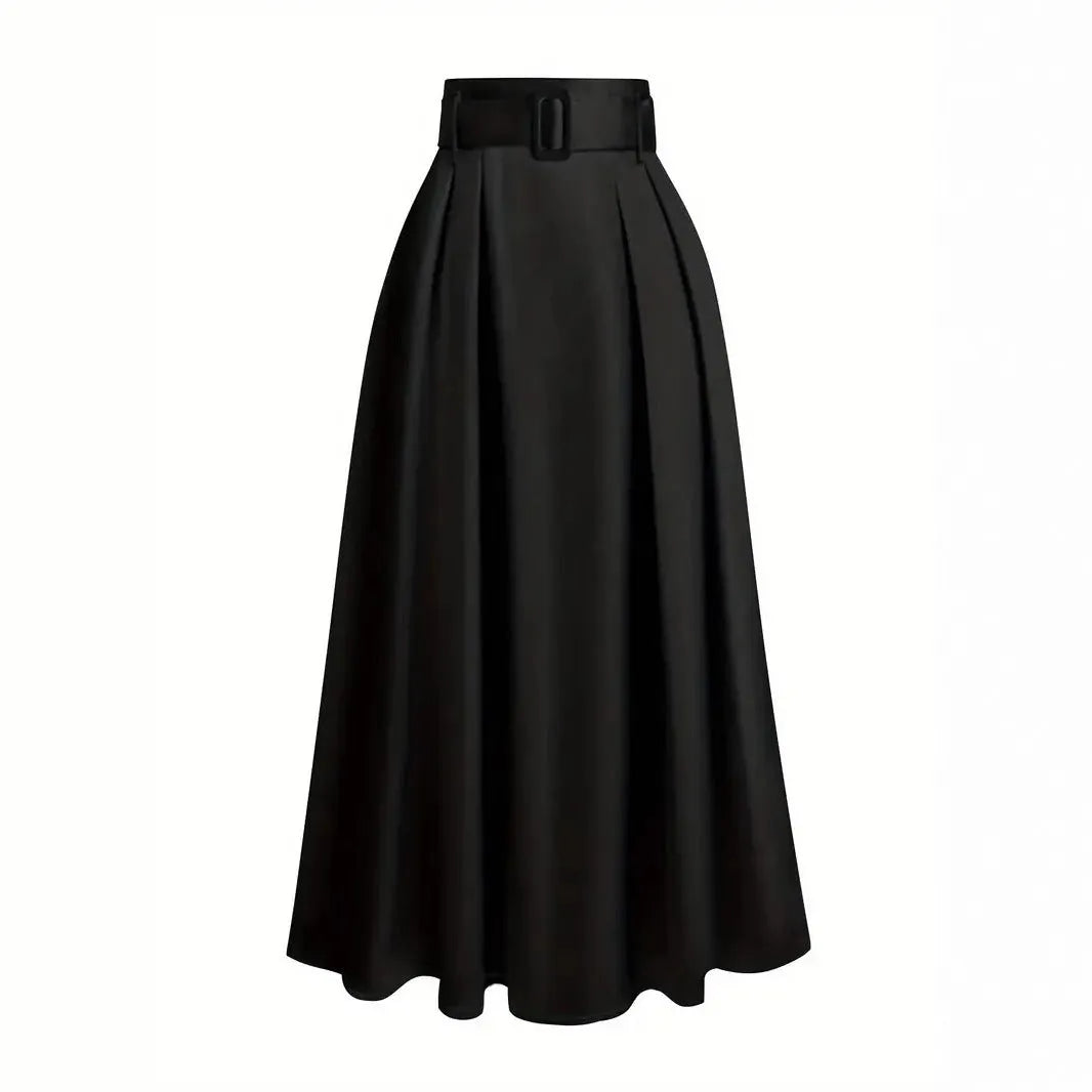 Women's high waist pure color satin skirt with lace-up detail in black, front view