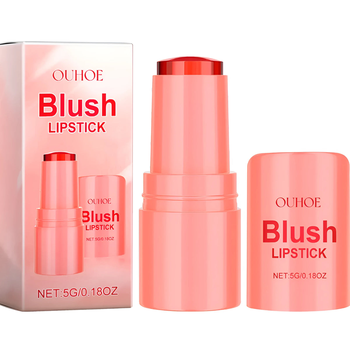 Coral lipstick in PE tube, 2.7 x 2.6 x 6.1 cm, with glycerin, aloe, nicotinamide and botanical extracts