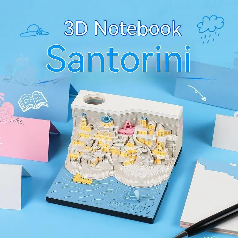 3D paper carving model of Santorini beach with LED lights, made from a notepad